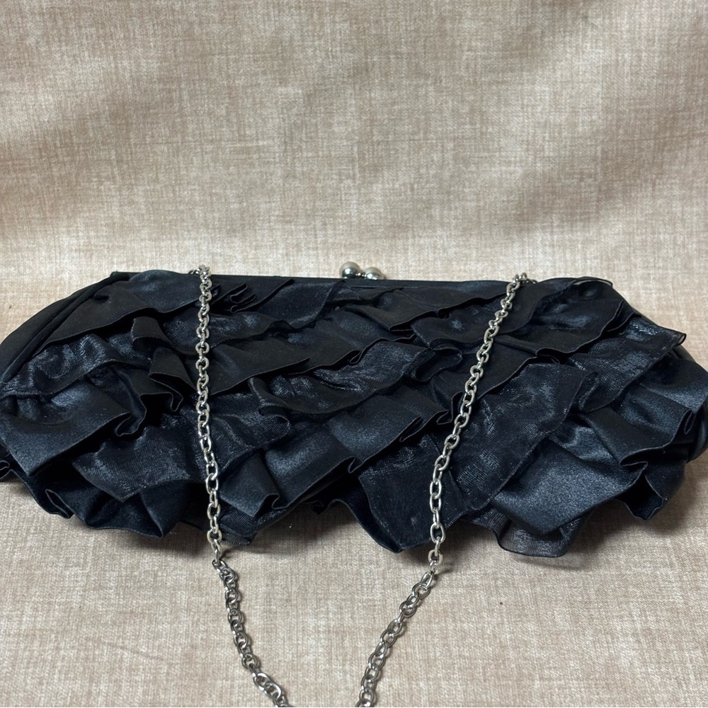 White House Black Market Black Ruffle Evening Clutch Purse Shoulder Bag Satin - Picture 4 of 6